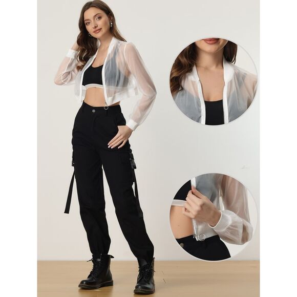 Bomber Jacket Long Sleeve Crop Mesh Sheer Jackets White - Picture 2 of 6